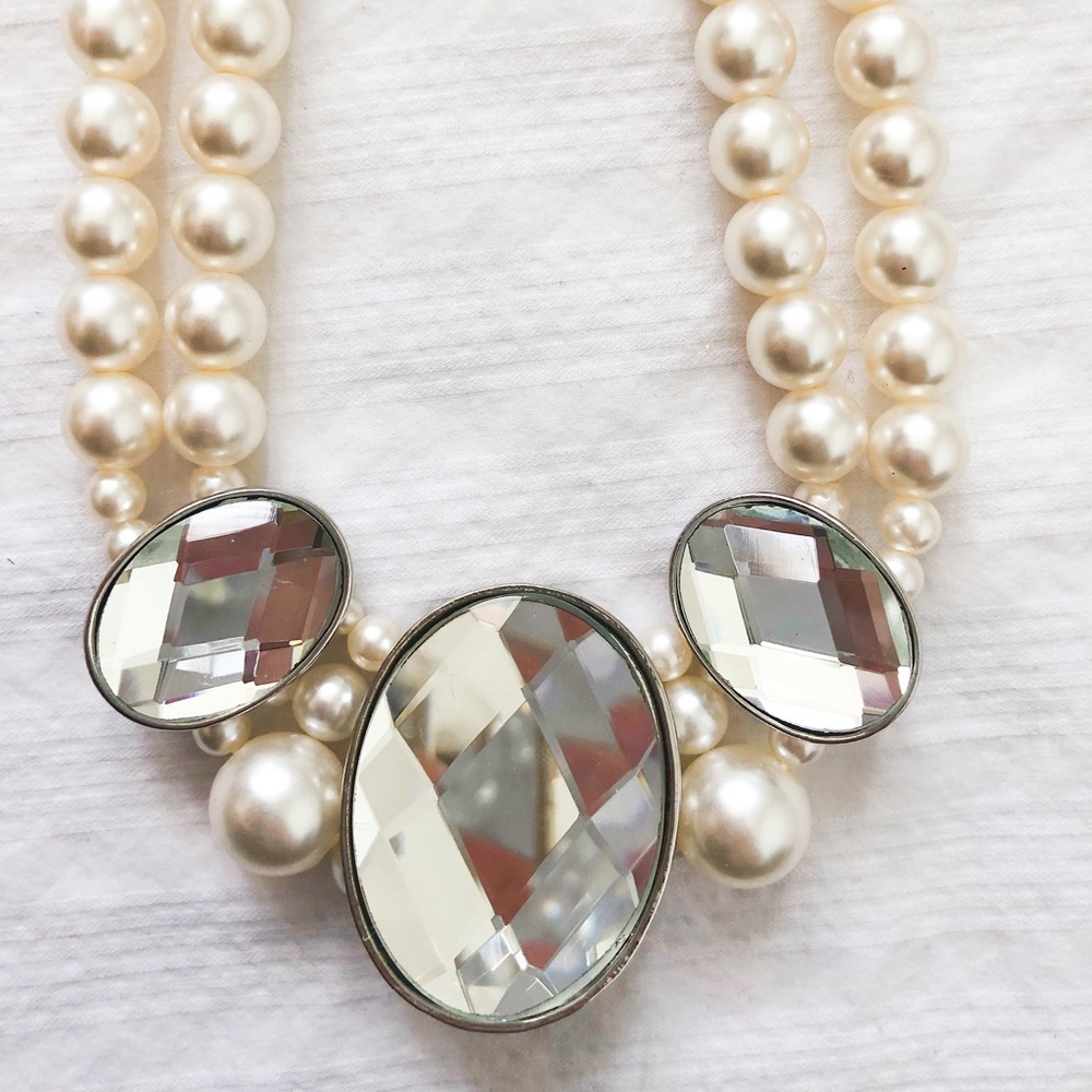 Layered Faux Pearl Beaded Crystal Statement Necklace Multi-Strand Silver Chain - Picture 2 of 10